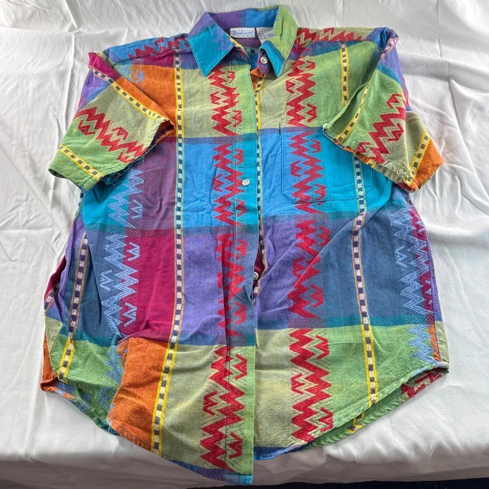Backroad‎ Blues Mens Medium Multicolor Patchwork Cotton Button Down Shirt